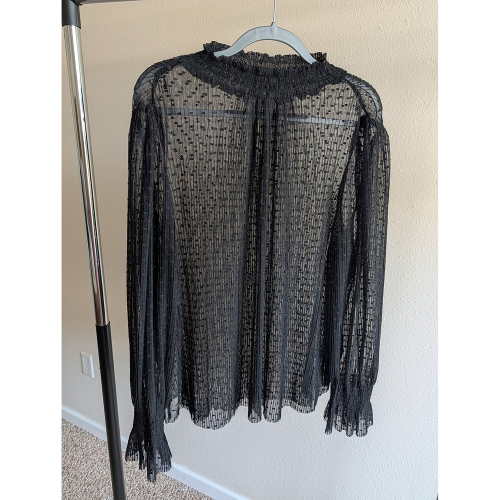 1.STATE Womens Black Swiss Dot Mesh Pleated Smocked Mock Neck Blouse Top